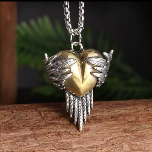 Heart and Wings Two Tone Heavy Pendant and Necklace #1430 - Picture 4 of 5